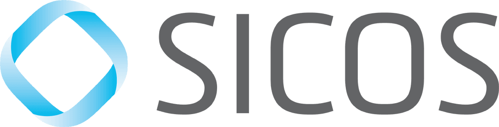 Logo of SICOS. To the left of the gray wordmark a light blue rhombus of a mobius strip can be seen.