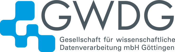 Logo of the GWDG (Gesellschaft für wissenschaftliche Datenverarbeitung mbH Göttingen). The abbreviation is stacked on top of the written-out name. To the left of this wordmark five blue squares of different sizes can be seen touching each other with their rounded corners.